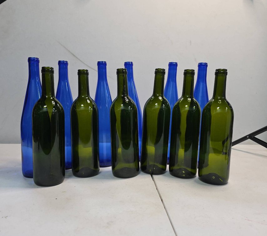 12 Empty 750ml Glass Wine Bottles, 6 Blue and 6 Green, Standard Bordeaux Style
