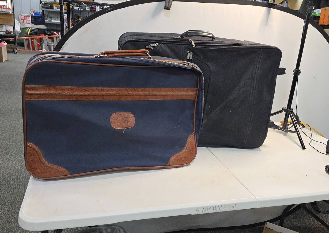Suitcases: Sears Made in Korea Blue With Brown Trim & Leisure Black Rolling Case