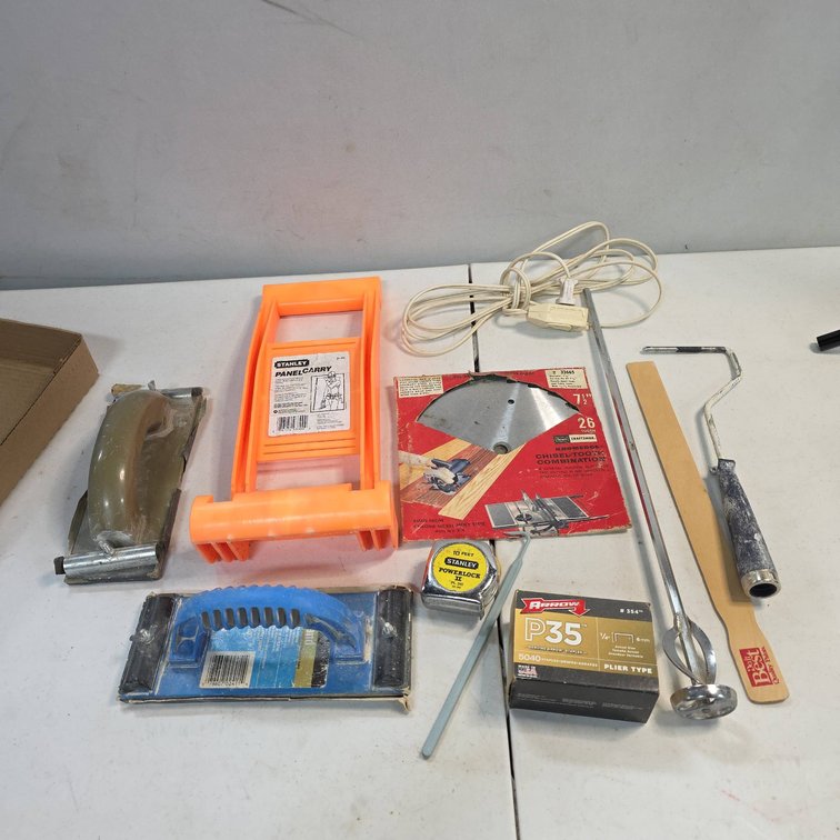 Hardware Tools: Stanley Tape, Panel Carry, Saw Blade, Arrow Staples, Mixing Paddle, etc