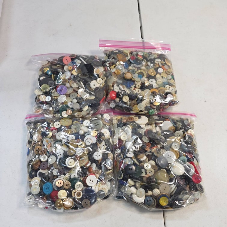Large Assortment of Buttons in Mixed Colors, Materials, and Sizes in Four Resealable Bags