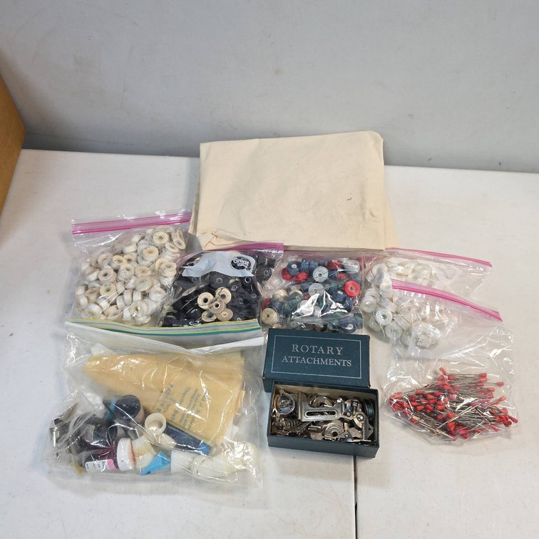 Sewing Lot With Mixed Bobbins, Canvas Piece, Rotary Attachments, etc