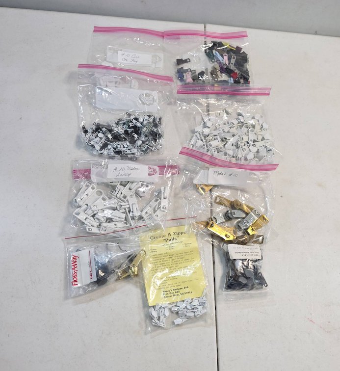 Zipper Pulls and Sliders, Various Sizes, Colors, and Materials in Bags
