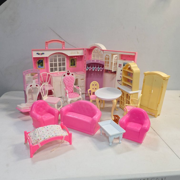 Pink and Yellow Plastic Dollhouse Furniture Set With Accessories