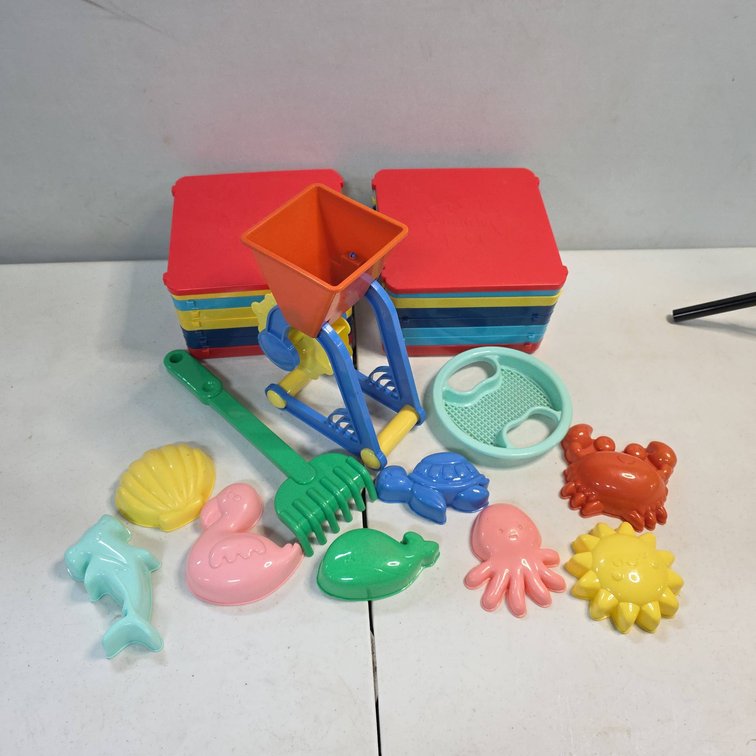 Buffalo Stackable Plastic Sand Toy Set With Molds, Sifter, Rake, Water Wheel
