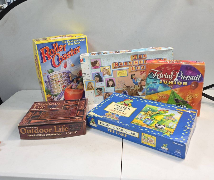 (5) Board Games: Roller Coaster, The Babysitters Club, Trivial Pursuit Junior, Outdoor Life, Franklin