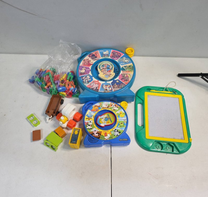 Mattel See 'n Say The Farmer Says, See 'n Say Animal Sounds Toy, Magic Drawing Board, Plastic Blocks Lot