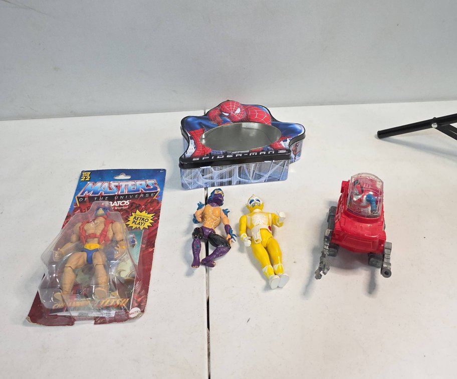 Action Figure Lot: MOTU Stratos MOC, 1993 Mirage TMNT Ninjor, Yellow Ranger, Red Vehicle