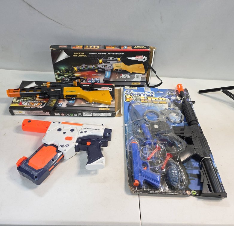 Nerf Thunderstorm Blaster, Police Play Set, and (2) Battery-Operated Toy Machine Guns