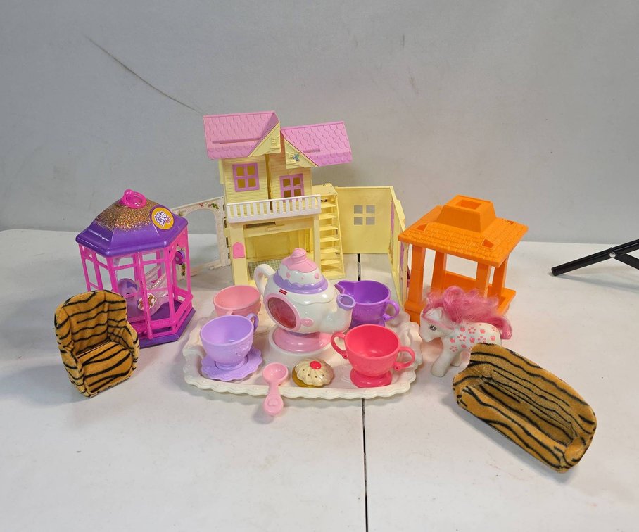 Toy Lot: Little Live Pets Bird, Dollhouse, Tea Set, Pony Figure, Plush Furniture