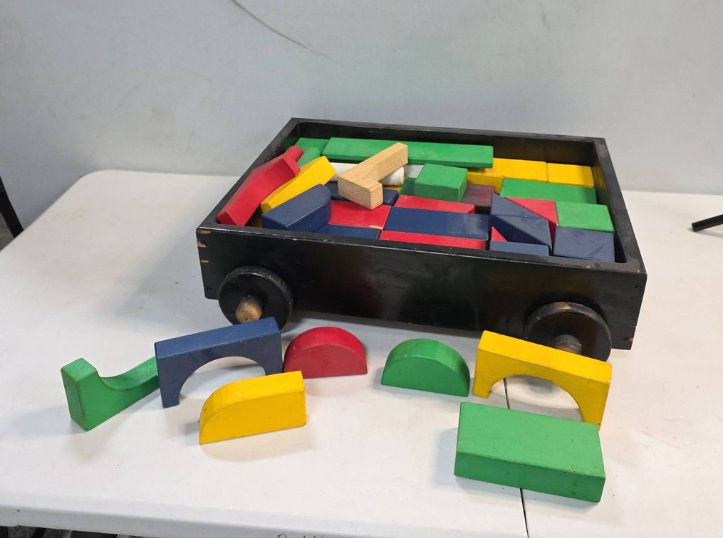 Wooden Cart with Colorful Assorted Wooden Blocks, Includes Cart and Blocks