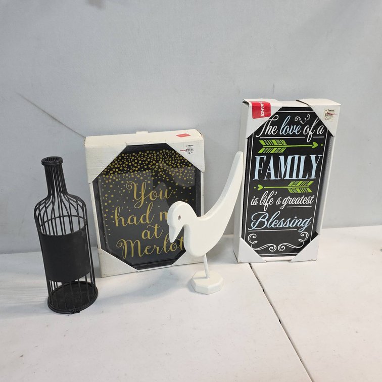 Decorative Assortment: Metal Bottle, Wood Bird, 2 Boxed Signs Including "You Had Me At Merlot", Tallest 14"
