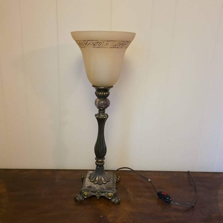 Pacific Coast Lighting Table Lamp, Ornate Metal Base, Marble Accents, Frosted Glass Shade