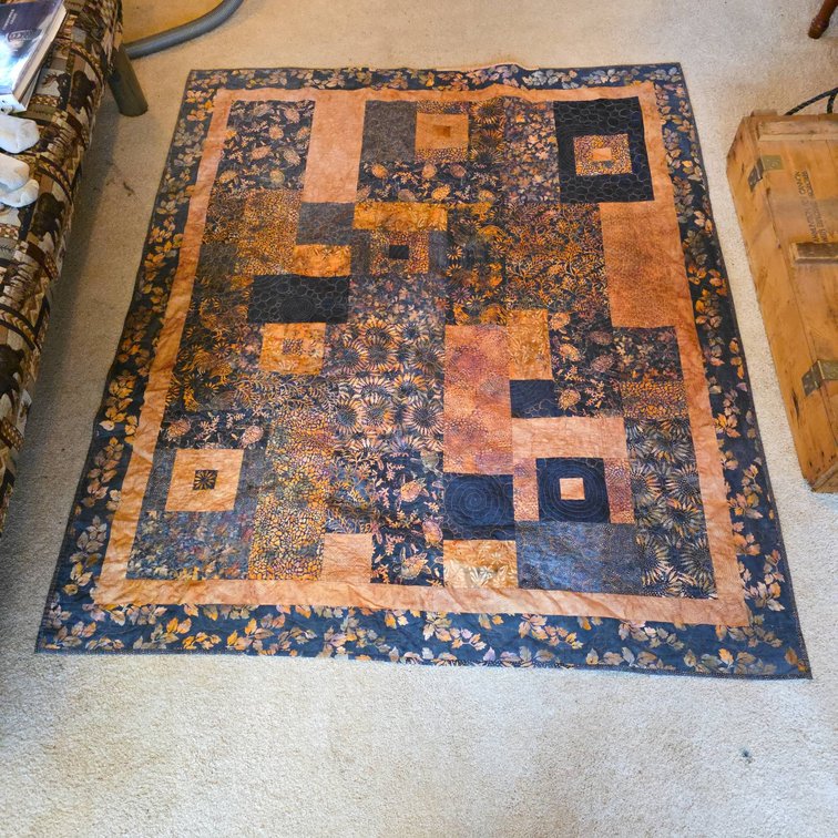 Handmade 68"x58" Quilt by Diane LoDico, Cascade Wisconsin, Geometric and Botanical Batik Patterns