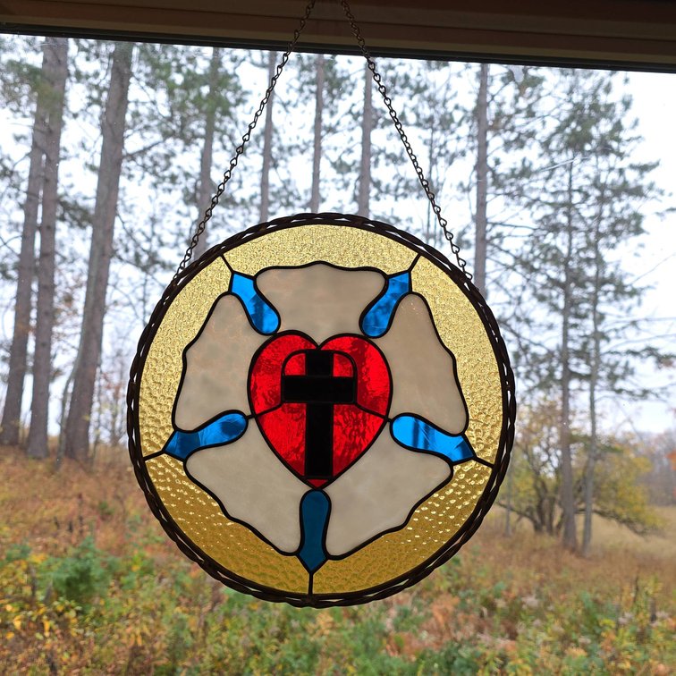 Stained Glass Hanging Panel Depicting Luther Rose with Heart and Black Cross, 12" Diameter