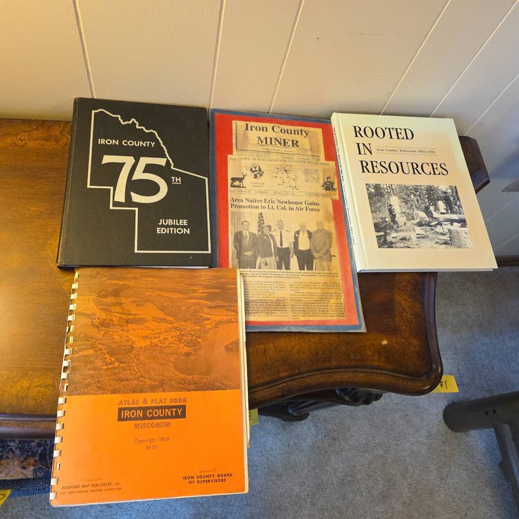 Iron County Wisconsin Book Lot: 75th Jubilee Edition, Rooted in Resources, 1969 Plat Book, Newspaper Clipping