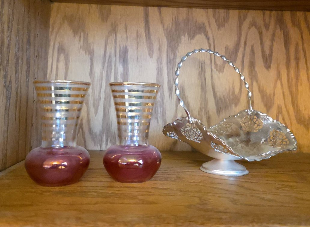 Gold-Banded Red Glass Vases and BMF Silverplated Brass Basket, West Germany
