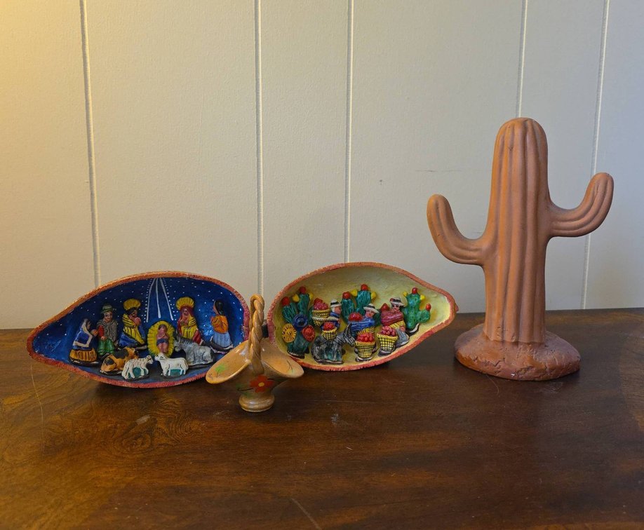 Folk Art Including Hand-Painted Nativity Gourd Diorama, Clay Cactus, and Panama Basket