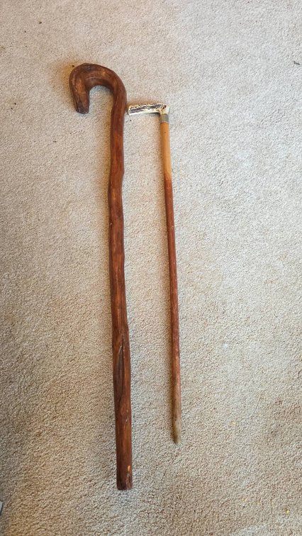 Two Walking Sticks: Wooden Crook Handle and Cane with Antler Handle