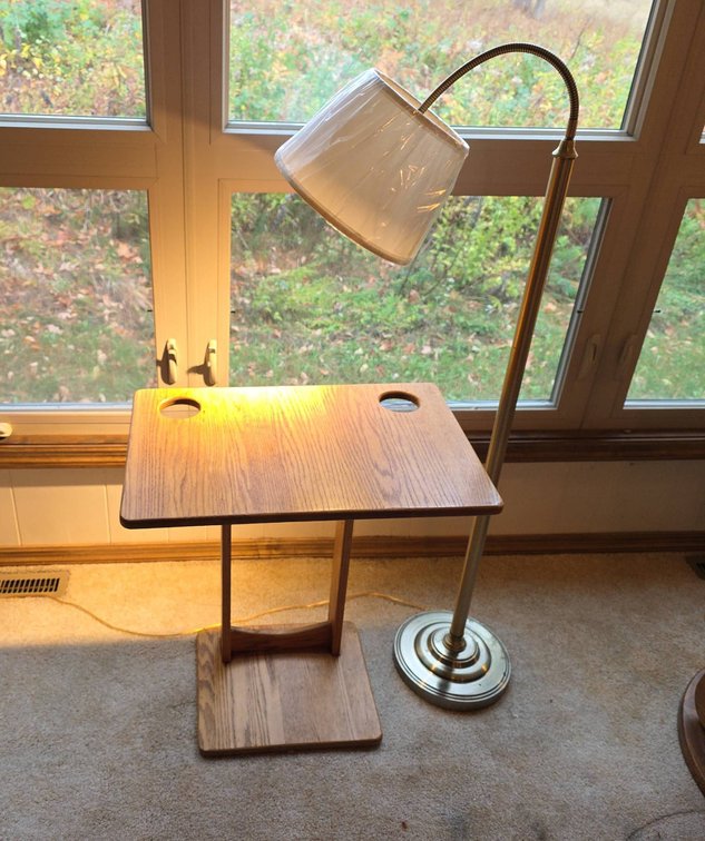 Wood C-Shaped Side Table With Dual Cup Holders and 51" Tall Brass Finish Floor Lamp With Shade