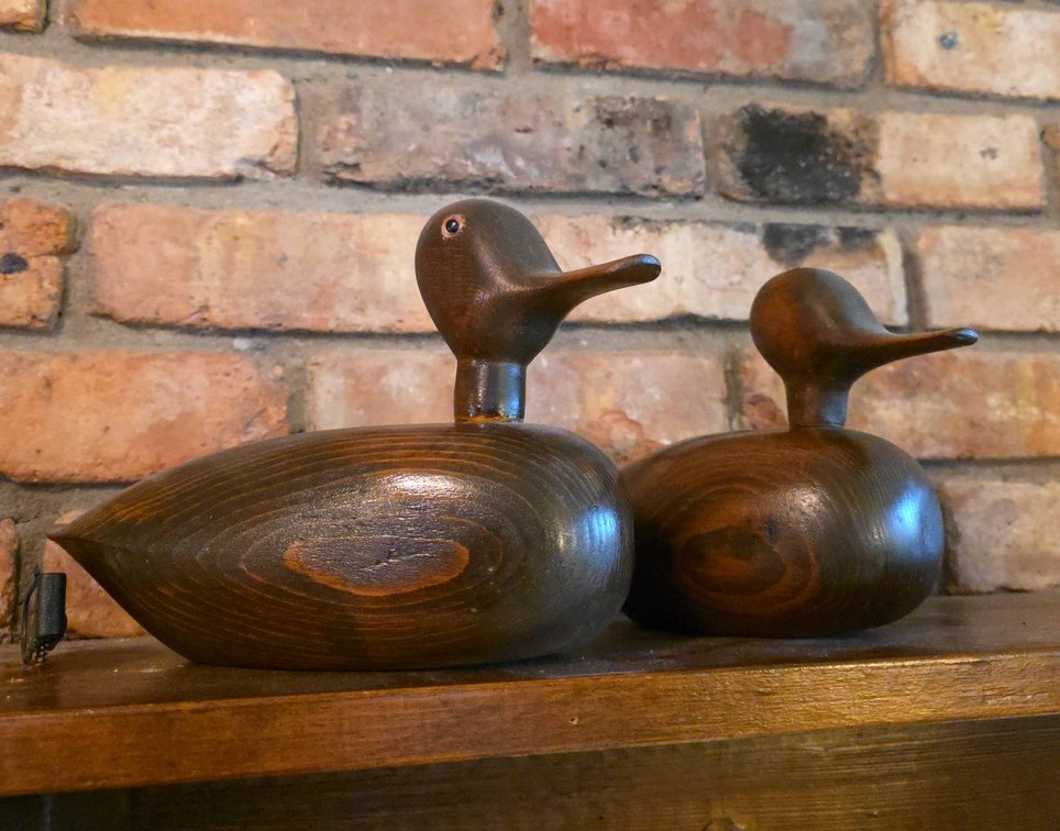 Hand-Carved Wooden Duck Figures, Signed "BP 84" on Base