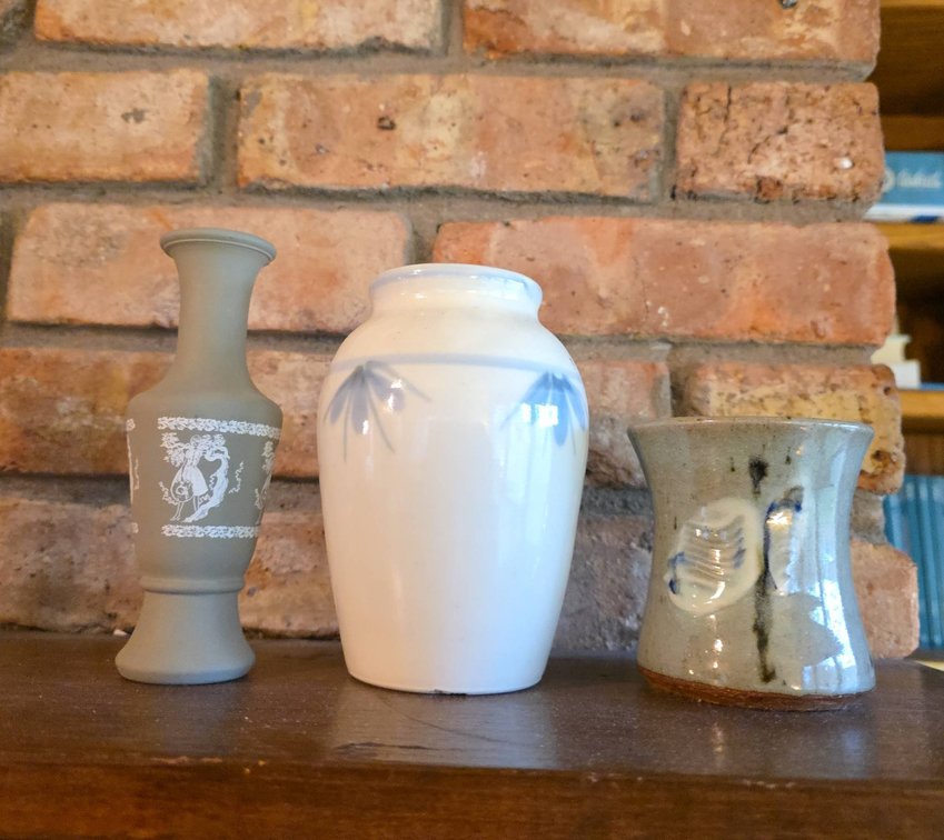 Trio of Small Decorative Vases Including Jasperware Style, White Glazed, Signed Stoneware
