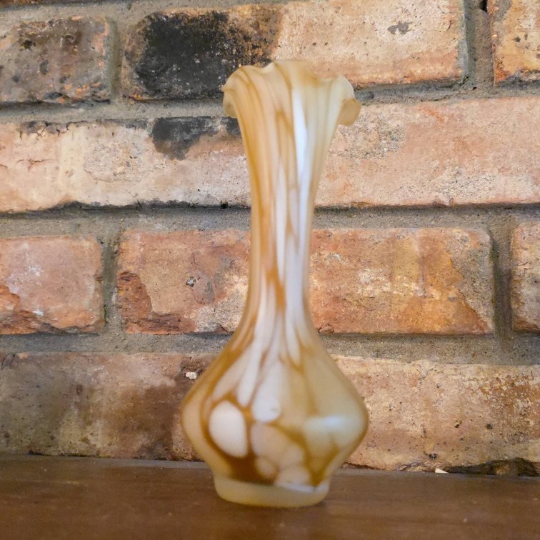 Hand-Blown Art Glass Vase with Swirled Tan and White Pattern, 6"Tall, Ruffled Rim