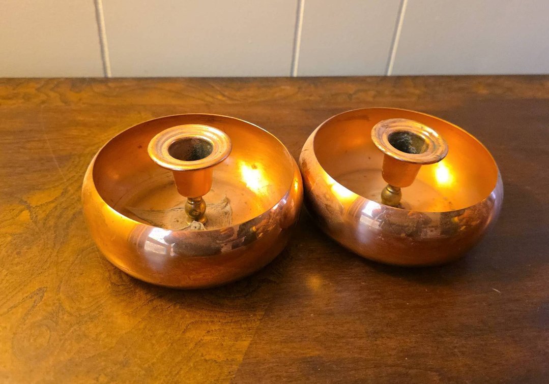 Handmade Coppercraft Guild Copper Candle Holders, Shallow Bowl Form