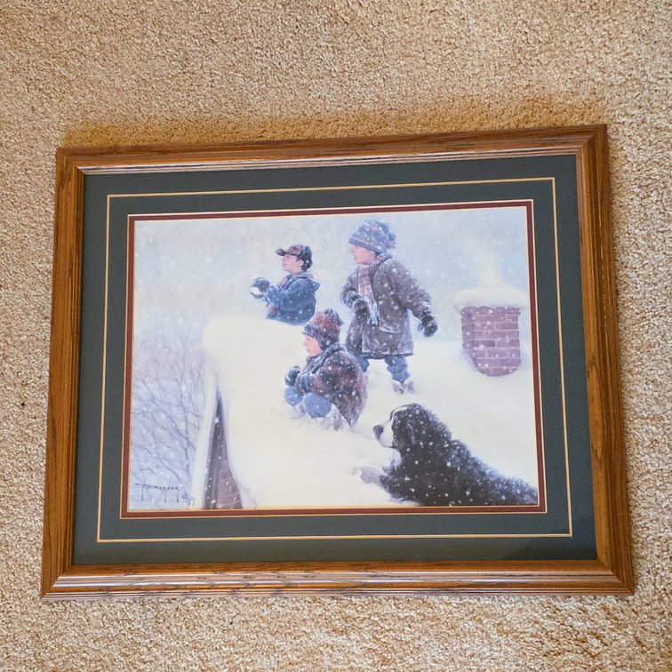 Framed Winter Print by Artist, 1999, Children and Dog in Snow, 22" x 19"