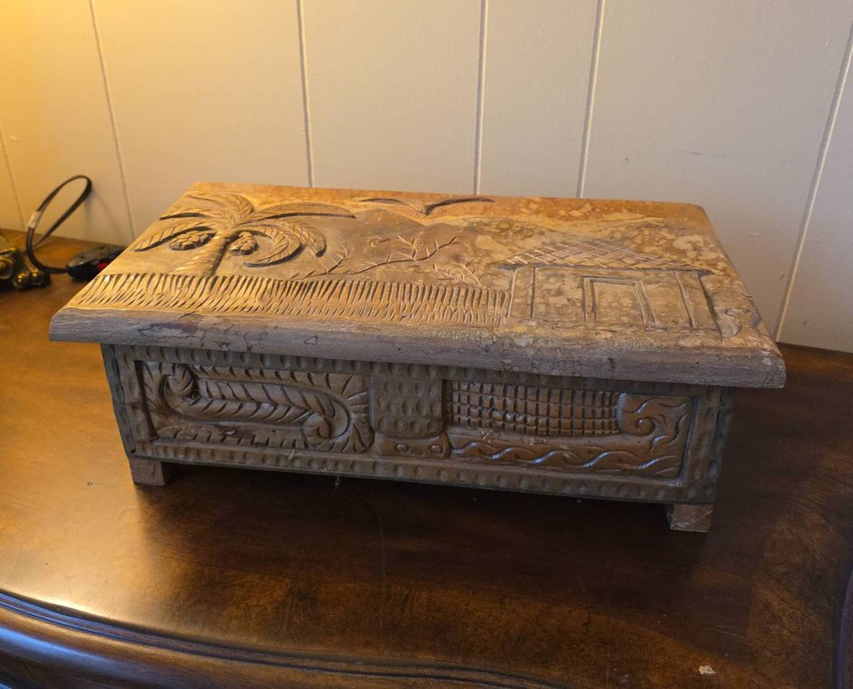 Hand-Carved Wooden Box with Village Scene, Hinged Lid, Rectangular Form
