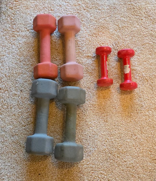 (6) Dumbbells: Pair 8 lb Neoprene, Pair 10 lb Neoprene, Pair 2 lb Vinyl Coated Hand Weights