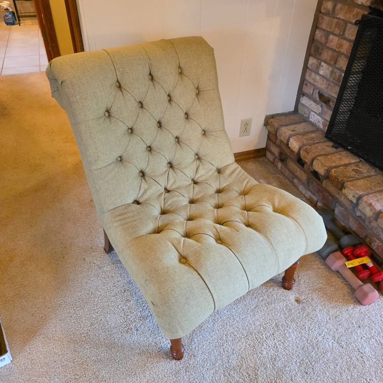 Olive Green Tufted Slipper Chair with Rolled Back and Wooden Legs Upholstery