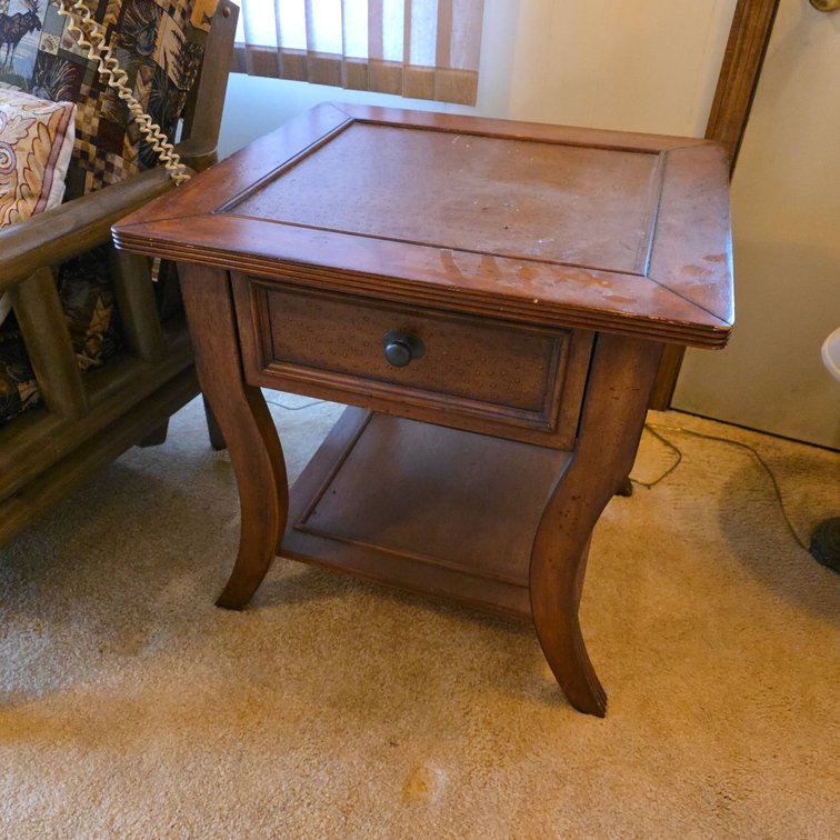 Wood End Table with Drawer, Textured Top, Lower Shelf, Curved Leg