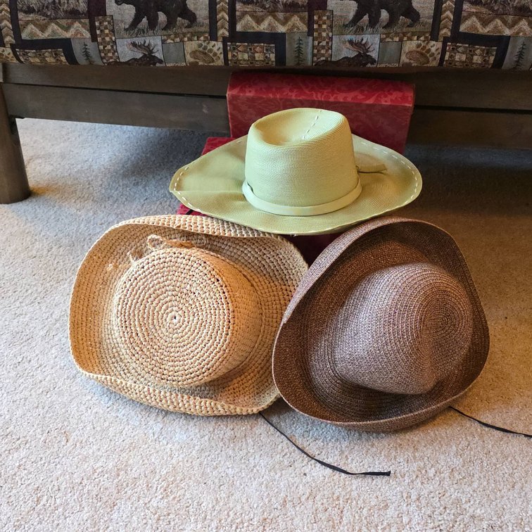 3 Sun Hats: Union Made USA, Corroboree Australia, Betmar New York Paper/Polyester