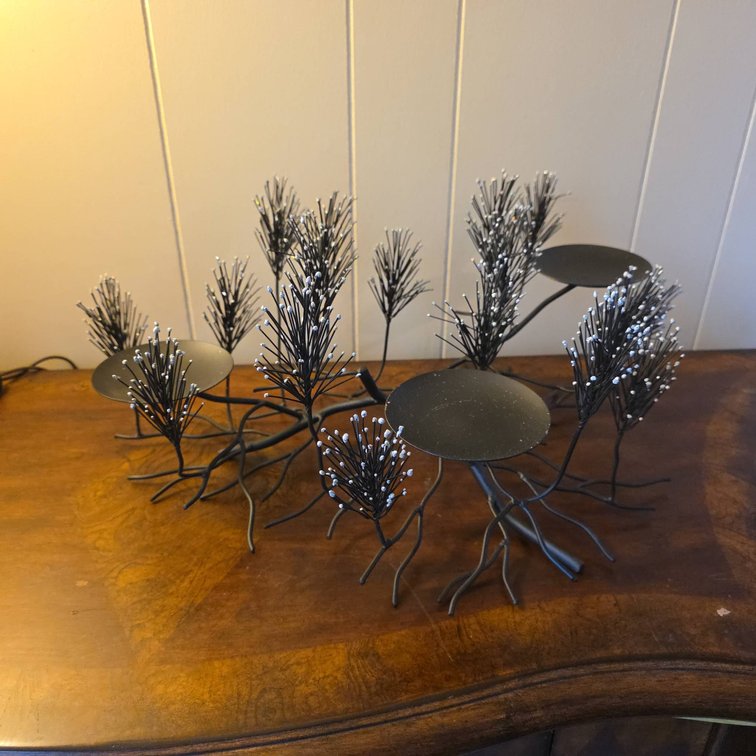 Black Metal Tree Branch Candleholder with White Accents, Holds Four Candles, 19" Long