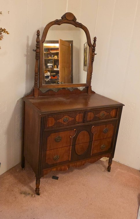 Carved Wood Dresser With Attached Swivel Mirror, Ornate Pulls