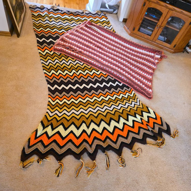 Hand-Crocheted Afghans, Zigzag and Striped, Large 38.5"x96" Afghan with Tassel Edges
