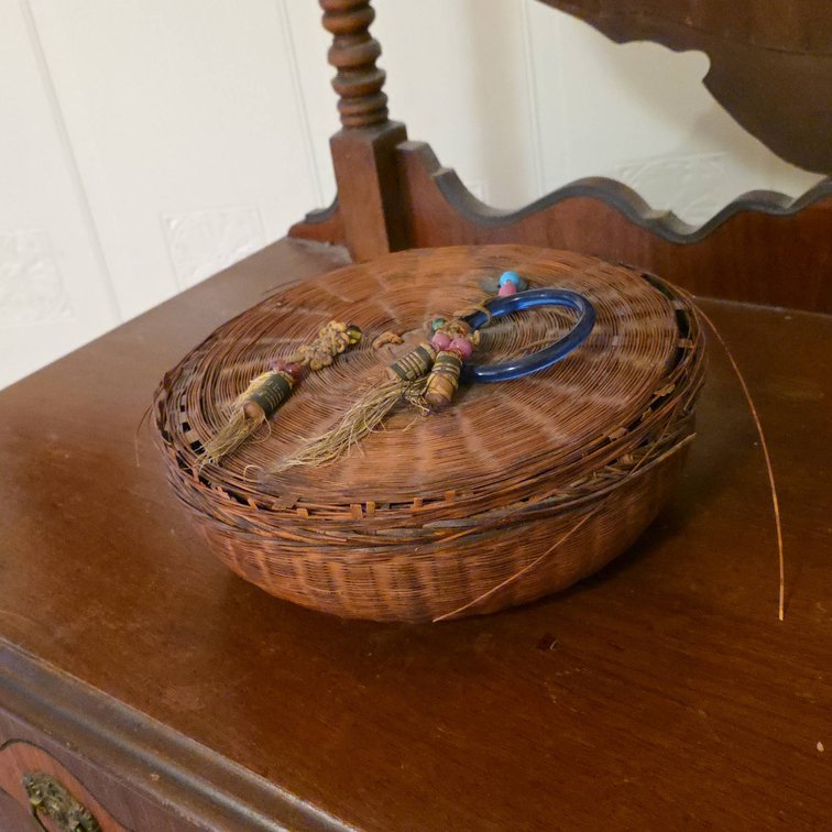 Antique Pine Needle Sewing Basket with Decorative Tassels, etc