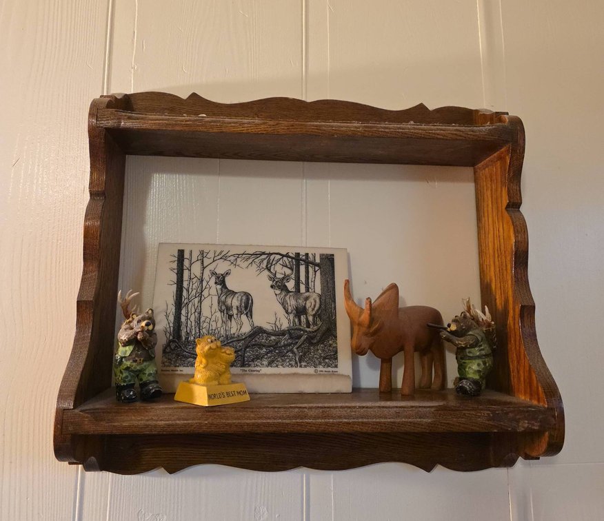 Wooden Wall Shelf With Wildlife Figurines, 1992 'The Clearing' Marble Deer Plaque, And Decor Items