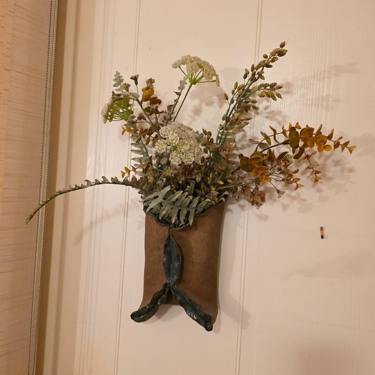 Wall-Mounted Mixed Media Wall Pocket Vase with Textured Brown and Green Detail