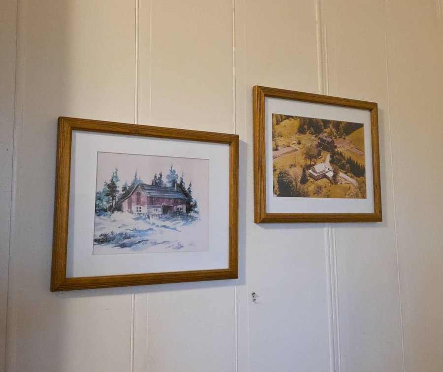 Framed Artworks: Original Farmhouse Painting Signed Catrine Huss and Aerial Photograph
