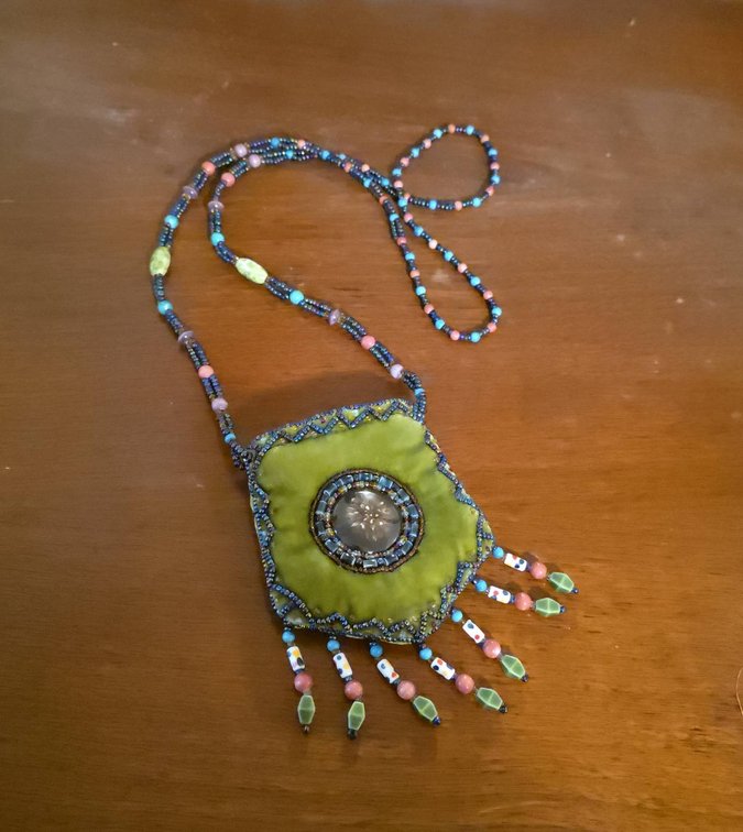 Beaded Necklace With Green Velvet Pendant Pouch, Glass Centerpiece, 3"x3.5"