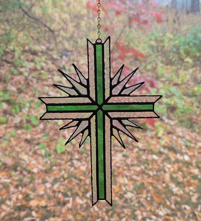 Stained Glass Cross Suncatcher With Green and Clear Glass Panels
