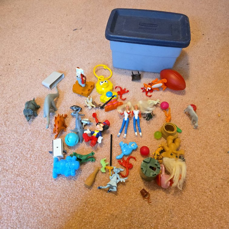 Vintage and Modern Small Toys Including Mickey Mouse, Barbie, Troll Doll, Dinosaurs, Box