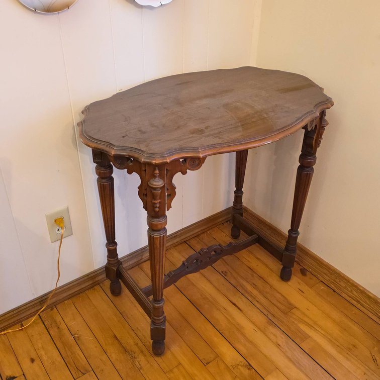 Carved Wood Parlor Table with Ornate Legs and Shaped Top