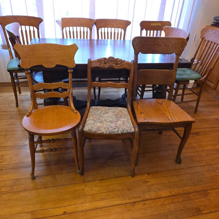 (3) Mixed Vintage Style Wood Chairs, Assorted Oak and Upholstered, Largest Measures 38" Tall