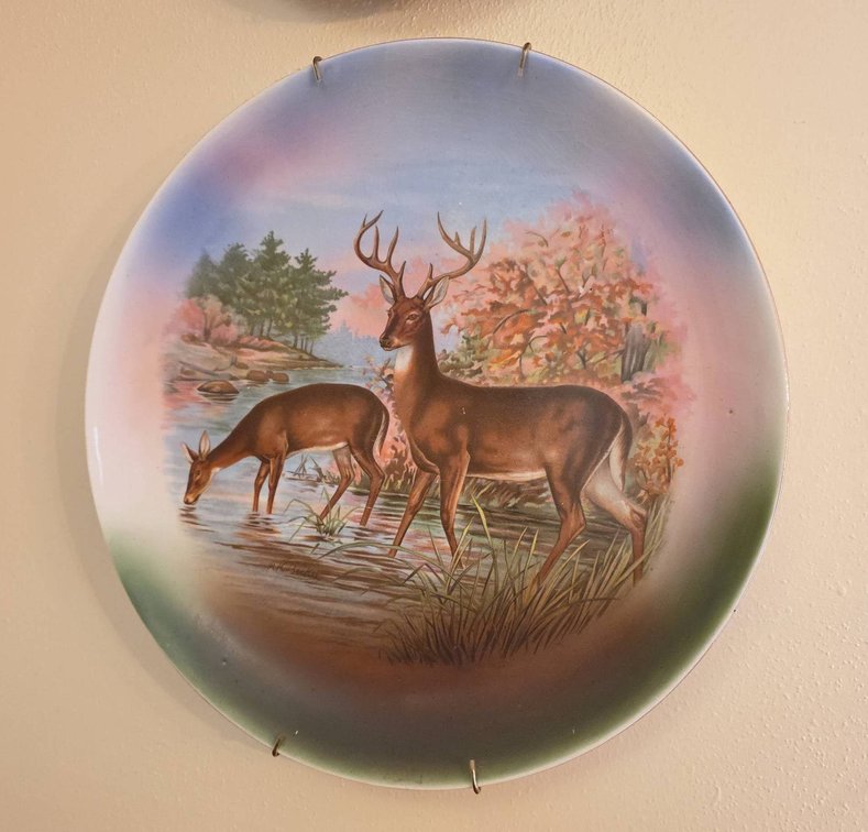 Dresden China 13" Ceramic Wall Plate with Deer by M.K. Becker, Autumn Scene, Some Crazing Visible
