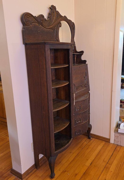 Ornately Carved Wood Security Desk With Mirror, Interior Storage, Missing Door Glass Panel, 36"x14"x73"