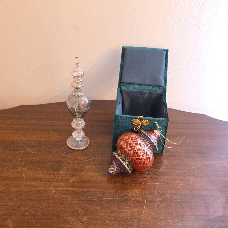 6.5" Tall Hand-Painted Glass Perfume Bottle and Li Bien Ornament with Painted Box
