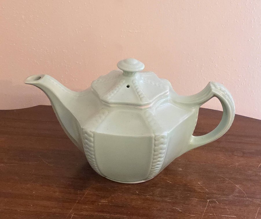Hall Made in USA Octagonal Light Green Ceramic Teapot with Braided Details 3" Diameter, 3.5" Tall