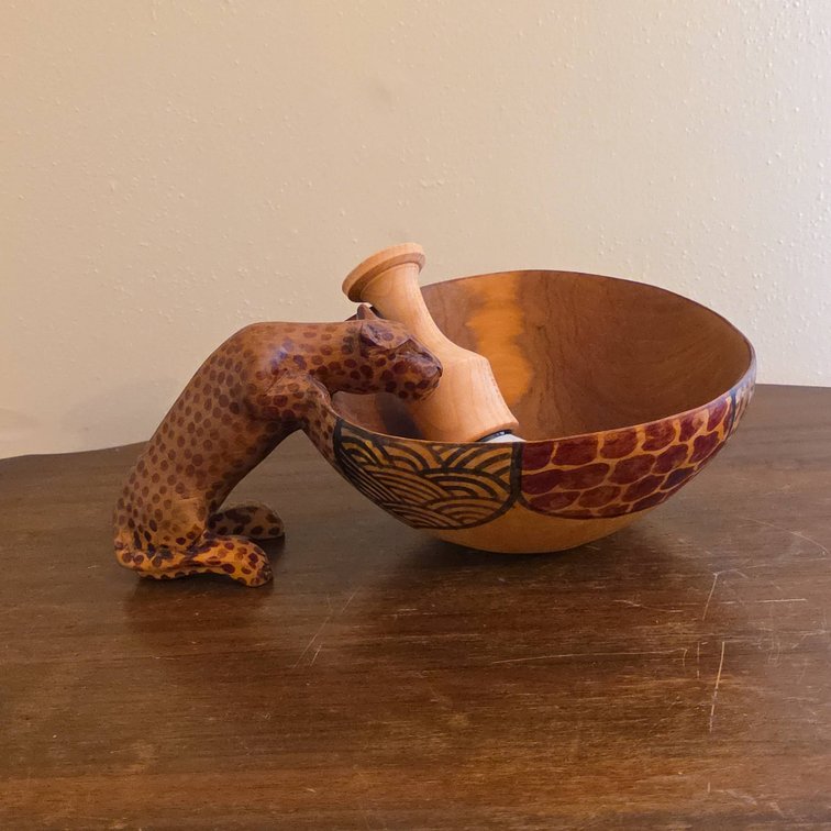 Hand-Carved Wooden Bowl With Painted Leopard Motif and Brush, 7.5" Diameter, 3" Tall